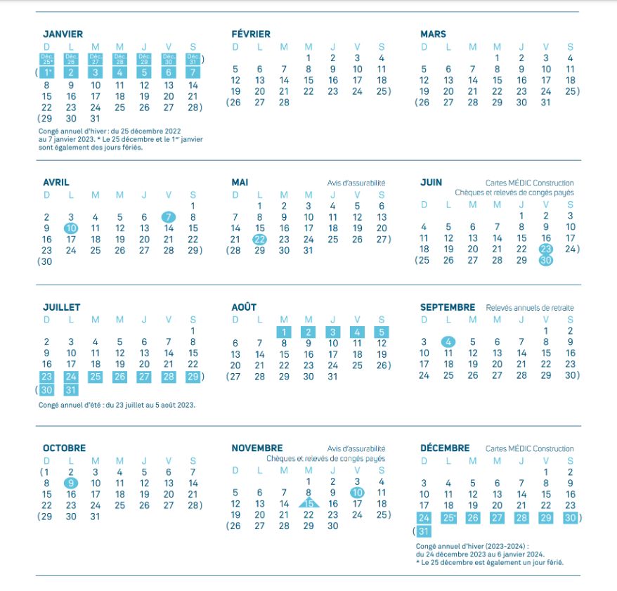 Calendrier vacances constructions